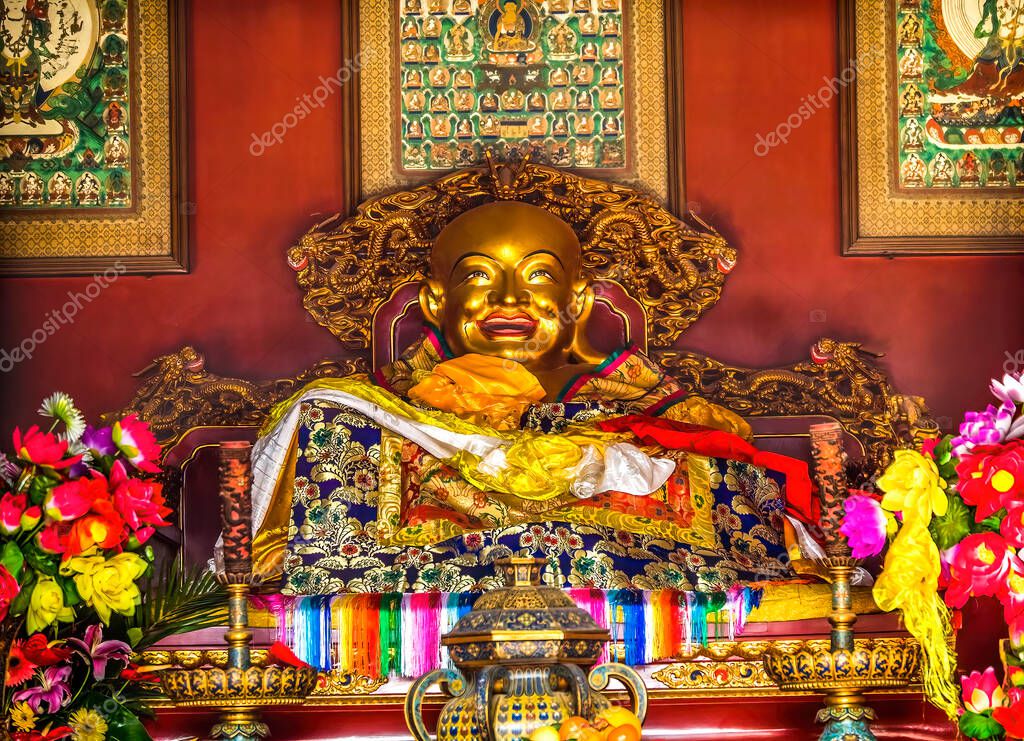 Laughing Buddha Statue Altar Offerings Yonghe Gong Buddhist Lama Temple
