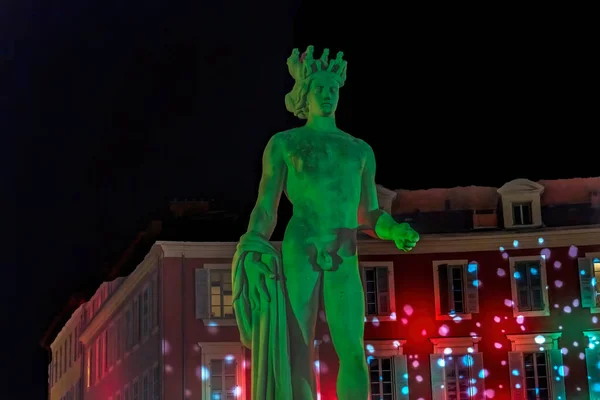 Niza Francia Diciembre 2021 Green Apollo Statue Sun Fountain Plaza —  Fotos de Stock