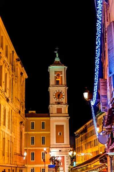 Straat Kerst Decoraties Lichten Nacht Verlichte Steeple Buiten Saint Marie — Stockfoto