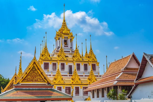 stock image Loha Prasat Metal Castle Buddhist Temple Wat Ratchanaddaram Worawihan Bangkok Thailand. Built 1846. 37 Spires for 37 Buddhist virtues to reach enlightenment.