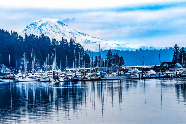 Snowy Mount Rainier Sailboats Reflection Gig Harbor Pierce County Washington — Stock Photo, Image
