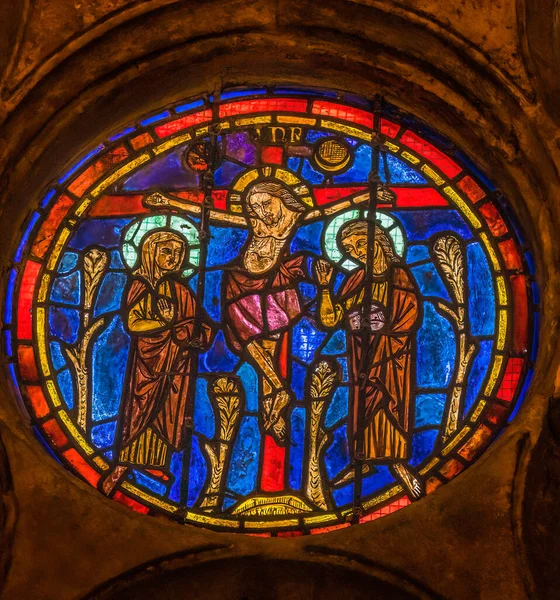 Lyon Francia Enero 2022 Virgen María Jesucristo Crucifixión Vieja Vidriera —  Fotos de Stock