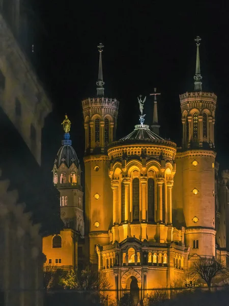 Basilikan Notre Dame Belyst Natt Utanför Centrum City Center Lyon — Stockfoto