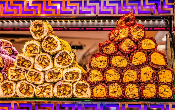 Colorful Turkish Delight Lokum Dessert Pastry Shop Grand Bazaar Istanbul Turkey. Turkish delight is a dessert gel made from sugar and starch. First made in 1700s and from different types of nuts. Grand Bazaar is the major covered market in Turkey.