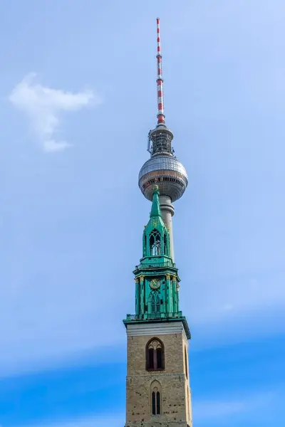 Tower Fernsehturm Mary Church Marienkirche Alexanderplatz Berlin Duitsland Oudste Kerk — Stockfoto