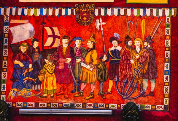 Renkli Eski Ortaçağ Tüccarları Fresco Boyama Cephesi Long Square Gdansk Polonya Binası. Eskiden Danzig olarak bilinen meydan, 1500 ila 1600 'ler arasında 1331 bina inşa etti..