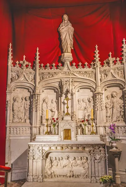 stock image Lyon, France  - January 7, 2022 White Mary Statue Altar Basilica Saint Nizier Church Lyon France. Built In 1800s. Dedicated to Saint Nicetius, 6th Century Lyon Bishop Catholic Saint. Church Unesco World Heritage Site.