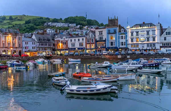 stock image Dartmouth, United Kingdom - June 13, 2024 Colorful Hotels Restaurants Shops Boats Harbor Marina Water Reflection Dartmouth Devon England. Dartmouth has a harbor on the River Dart.