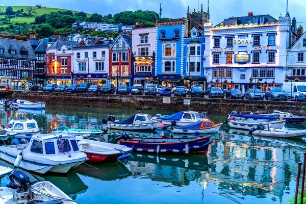 stock image Dartmouth, United Kingdom - June 13, 2024 Colorful Hotels Restaurants Shops Boats Harbor Marina Water Reflection Dartmouth Devon England. Dartmouth has a harbor on the River Dart.