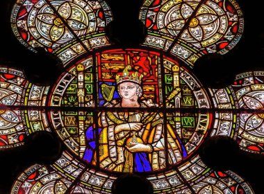 London, United Kingdom - January 16, 2017 Queen Victoria Stained Glass 13th Century Chapter House Westminster Abbey Church London England.  Westminster Abbey has been the burial place of Britain's monarchs since the 11th century. clipart