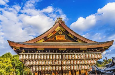 Kyoto, Japan - November 13, 2024 Colorful Lanterns Platform Yasaka Gion Shinto Shrine Kyoto Japan. Shine established 656 AD. Many Japanese companies buy lanterns with their logo for Japanese shrines and temples. clipart