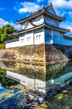 Colorful Outer Wall White Tower Moat Reflection City Street Nijo Castle Kyoto Japan. Completed in 1626 by Tokugawa Shoguns. In 1867 Castle returned to Emperor.  clipart