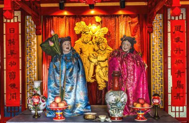 Tianjin, China - October 8, 2024 Colorful Marriage Altar Tianhou Queen of Heaven Taoist Temple Cultural Street Tianjin China.  Temple to Mazu Sea Goddess. Altar Where Couples Get Married, Temple first created 1326 in Yuan Dynasty.  clipart