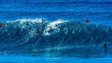 Pupukea, Hawaii - 2 Ocak 2025 Renkli Sörfçüler Yakalama Partisi Banzai Boru Hattı Kuzey Kıyısı Oahu Hawaii. Sığ resifin üzerindeki dev dalgalar sörfçülerin binebileceği kıvrımlar yaratır.. 
