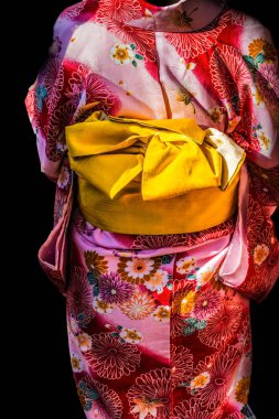 Renkli Kırmızı Beyaz Geleneksel Japon Kimonosu Sarı Obi Fushimi Inari Shinto Tapınağı Kyoto Japonya. Geleneksel Japon kıyafeti ve Japonya 'nın ulusal elbisesi. Birçok Japon kadını tapınak ve tapınak için kimono giyer. 1871 'den 1946' ya kadar yapılmış bir tapınak..