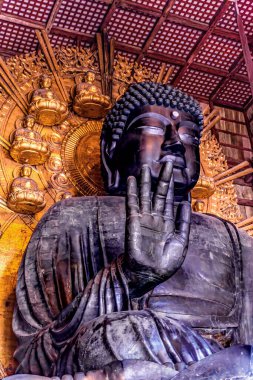 Nara, Japonya - 4 Kasım 2023 Büyük Bronz Buda Daibutsu Heykeli Altın Küçük Buda Salonu Büyük Buda Salonu Todaiji Budist Tapınağı Nara Japonya. MS 752 tarihli Tapınak Tarihi UNESCO Dünya Mirası Sitesi.
