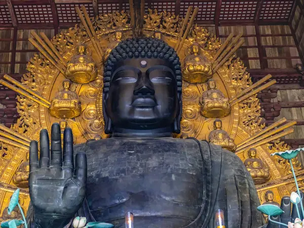 Nara, Japonya - 4 Kasım 2023 Büyük Bronz Buda Daibutsu Heykeli Altın Küçük Buda Salonu Büyük Buda Salonu Todaiji Budist Tapınağı Nara Japonya. MS 752 tarihli Tapınak Tarihi UNESCO Dünya Mirası Sitesi.