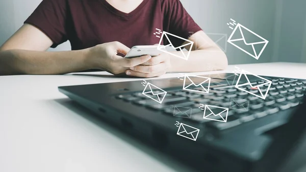 Concept of using digital media, technology, social media online surfing, woman's hand using laptop to use the internet, check email.