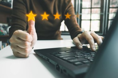 Officer showing the symbol of top service 5 star quality assurance, excellent warranty, world standard, ISO certification, development and improve the quality of the organization concept.