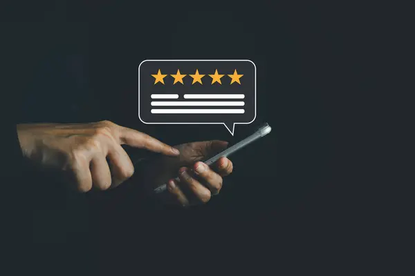 Satisfied customer experience concept, happy business customer using smartphone, the best review, High quality service, Most rated, the highest score, 5 stars, Social media very good.