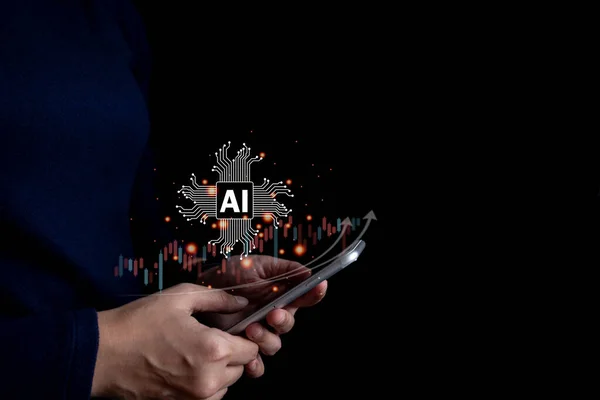 AI, Artificial Intelligence, AI learning machine and big data to analyze stock, forecast trader plan investment and business, trend stock market growth