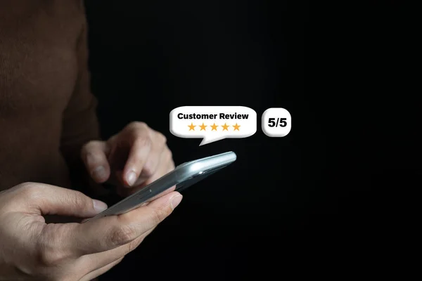 Satisfied customer experience concept, happy business customer using smartphone, the best review, High quality service, Most rated, the highest score, 5 stars, Social media very good.