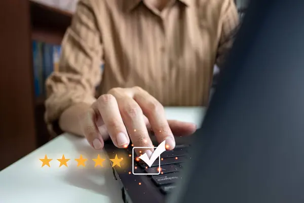 Satisfied customer experience concept, happy business customer using laptop, the best review, High quality service, Most rated, the highest score, 5 stars, Social media very good.
