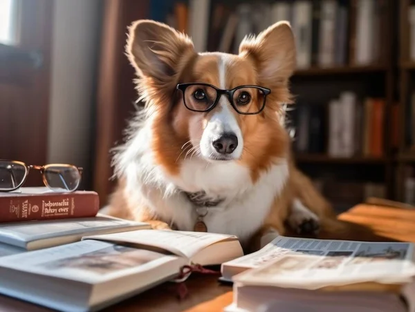 Ευφυής Σκύλος Κόργκι Στα Γυαλιά Διαβάζει Ένα Βιβλίο Ημέρα Εραστή — Φωτογραφία Αρχείου