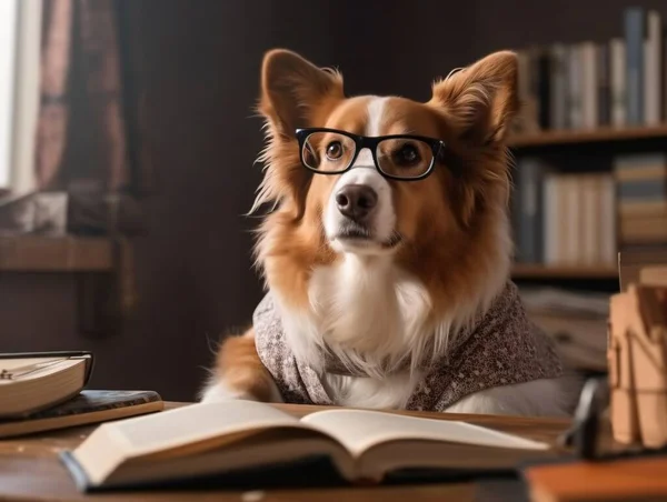 Ευφυής Σκύλος Κόργκι Στα Γυαλιά Διαβάζει Ένα Βιβλίο Ημέρα Εραστή — Φωτογραφία Αρχείου