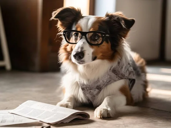 Gözlüklü Akıllı Corgi Dog Bir Kitap Okuyor Kitap Aşıkları Günü — Stok fotoğraf
