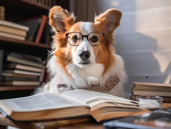 Intelligent Corgi Dog Glasögon Läser Bok Boka Lover Day Generativ — Stockfoto