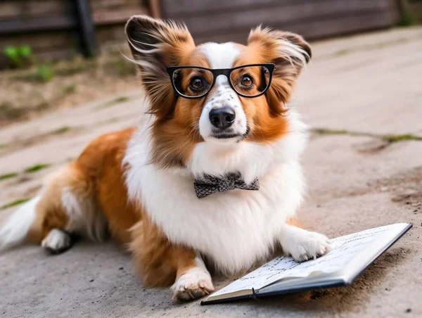 Inteligentní Pes Brýlích Čte Knihu Den Milenců Knih Generativní Vysoce — Stock fotografie