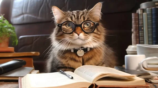 Smart Cute Fluffy Cat in Glasses is reading a Book. Book Lover Day. Generative Ai. High quality illustration