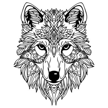 Yetişkinler için Mandala Boyama Sayfası. Kurt Başı Zen Ruhani Rahatlama Kitap Şablonu. Vektör illüstrasyonu