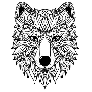 Yetişkinler için Mandala Boyama Sayfası. Kurt Başı Zen Ruhani Rahatlama Kitap Şablonu. Vektör illüstrasyonu