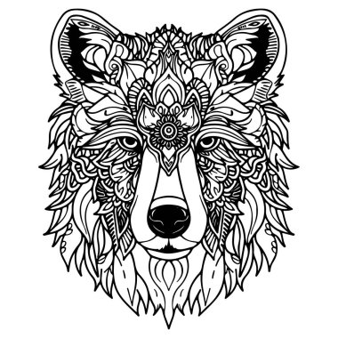 Yetişkinler için Mandala Boyama Sayfası. Kurt Başı Zen Ruhani Rahatlama Kitap Şablonu. Vektör illüstrasyonu