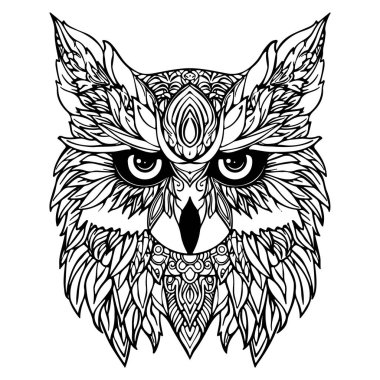 Yetişkinler için Mandala Boyama Sayfası. Baykuş Kafa Zen Ruhani Rahatlama Kitap Şablonu. Vektör illüstrasyonu