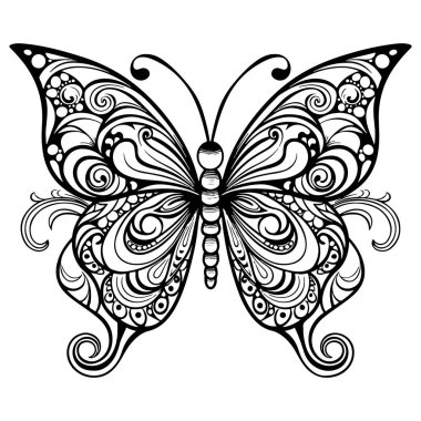 Doodle Süslü Kelebek, Yetişkin Renkleri Şablonu. Vektör illüstrasyonu