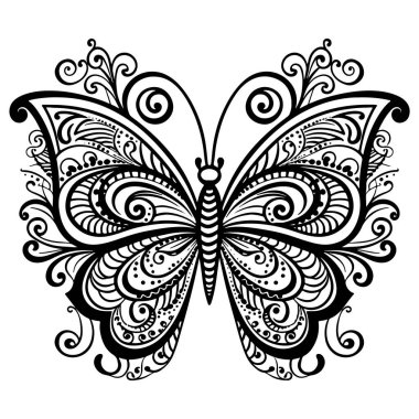 Doodle Süslü Kelebek, Yetişkin Renkleri Şablonu. Vektör illüstrasyonu