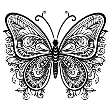 Doodle Süslü Kelebek, Yetişkin Renkleri Şablonu. Vektör illüstrasyonu