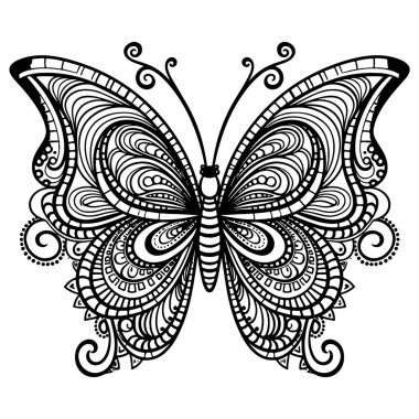 Doodle Süslü Kelebek, Yetişkin Renkleri Şablonu. Vektör illüstrasyonu