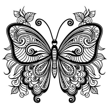Doodle Süslü Kelebek, Yetişkin Renkleri Şablonu. Vektör illüstrasyonu