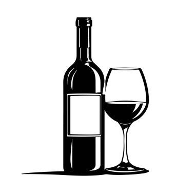 Şarap şişesi, cam şarap ve bar logosu. Siyah ve Beyaz Restoran veya Şarap Şirketi Kimlik Sembolü. Vektör Basit Tasarım Elemanı. Vektör illüstrasyonu