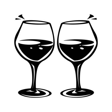 İki şarap bardağı logosu. Şarap şirketi, restoran ya da bar tasarım elementi. Vektör Basit Siyah ve Beyaz Sembolü. Vektör illüstrasyonu