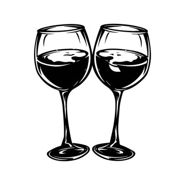 İki şarap bardağı logosu. Şarap şirketi, restoran ya da bar tasarım elementi. Vektör Basit Siyah ve Beyaz Sembolü. Vektör illüstrasyonu