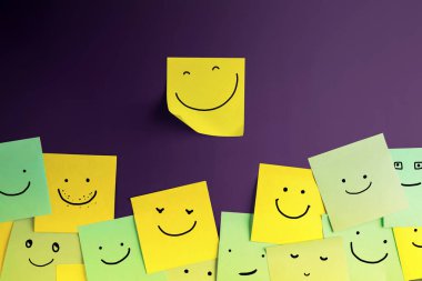 Happiness Day Concept. Happy and Positive Mind, Well Mental Health. Enjoying Life Everyday. Smiling Face Sticky Note on Board clipart