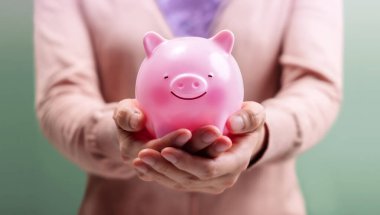 Zenginlik ve Finansal Amaç Konsepti. Değerli Finansal Varlıkların Bolluğu ya da Fiziksel Varlıklar ya da Para. Finansal özgürlük için biriktirdiğim paralar. Pembe Tombul Gülümseyen Domuz Kumbarası Tutan Kadın. Yakın çekim.