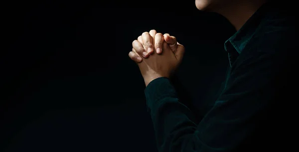 Spirituality Religion Hope Concept Person Making Hands Praying Dark Room — Stock Photo, Image