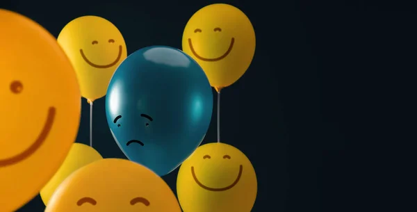 精神健康概念 一个被快乐微笑的气球包围的紧张 抑郁的人的社会欺凌 概念性照片 免版税图库照片