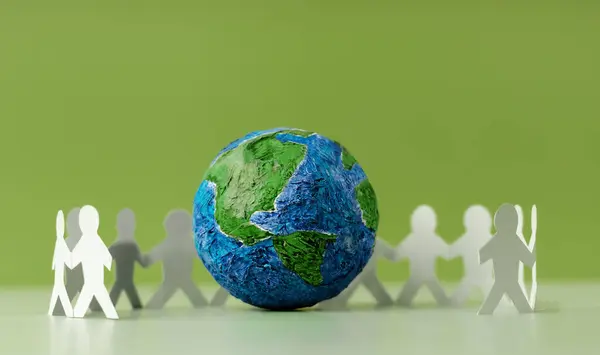 World Earth Day Concept. Green Energy, ESG, Renewable and Sustainable Resources. Environmental Care. Paper Cut as Group of People  Embracing a Green Globe. Protecting Planet Together. Top View